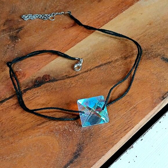 Holographic Glass Choker Necklace, Hemp Choker, Rainbow, Statement, Adjustable - Picture 4 of 5